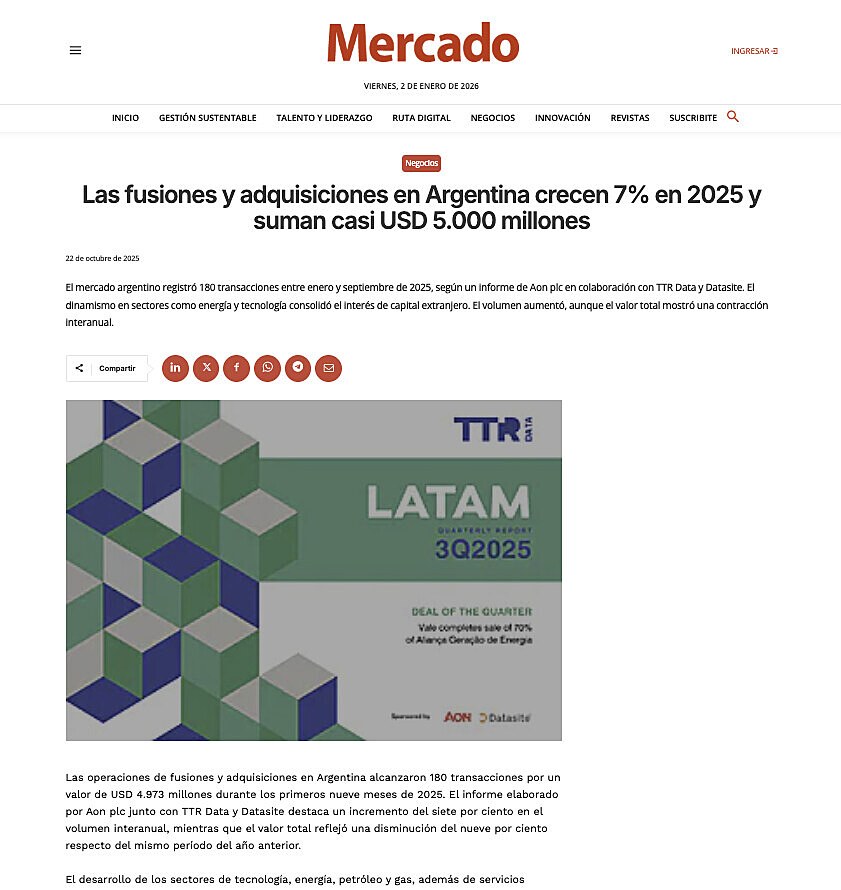 Las fusiones y adquisiciones en Argentina crecen 7% en 2025 y suman casi USD 5.000 millones